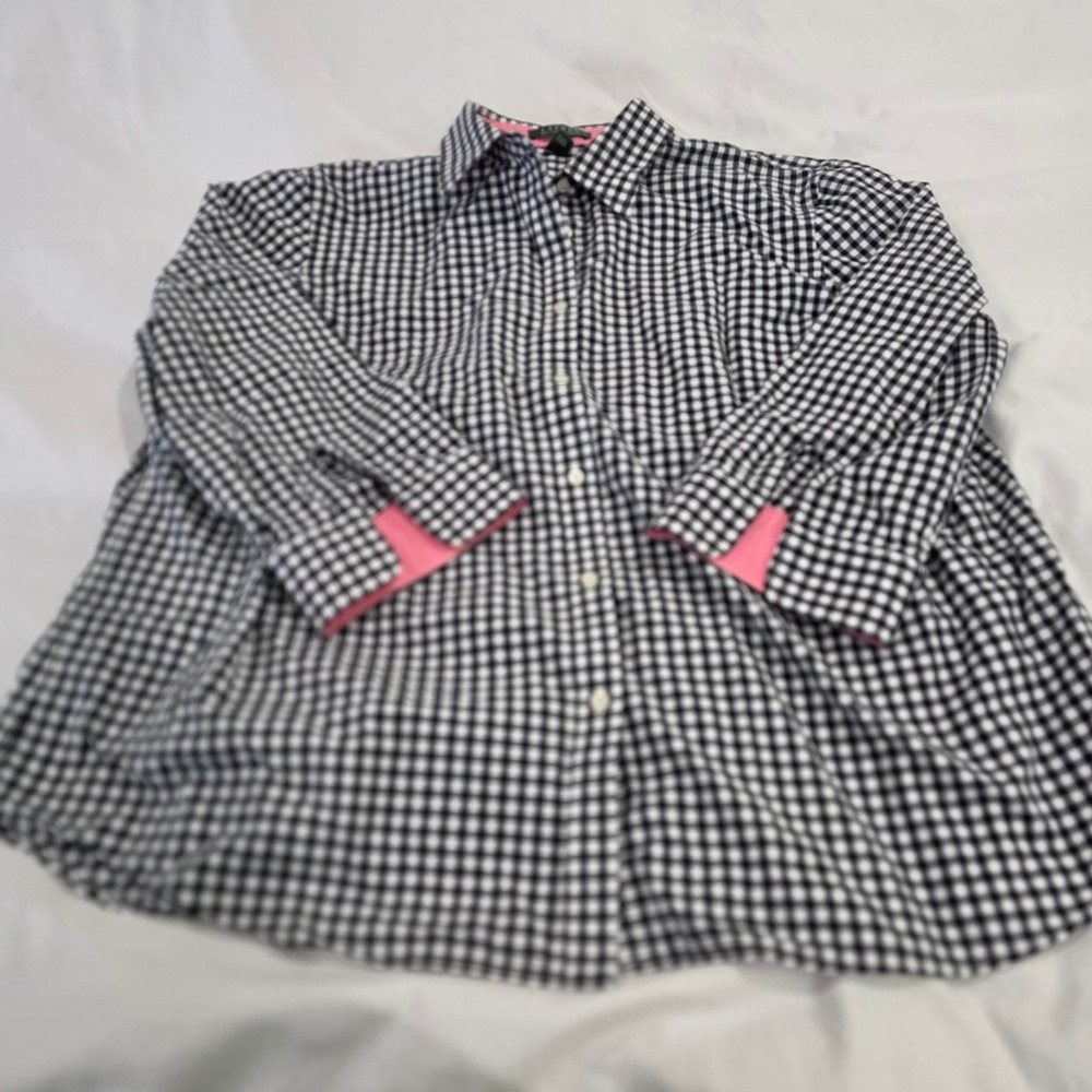 Lauren Ralph Lauren Button Down Shirt Women 2X Black Gingham Excellent Contrast